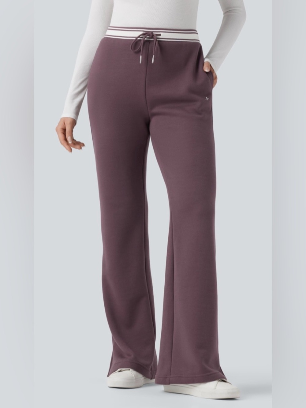 HALARA High Waisted Drawstring Color Block Split Hem Fleece Casual Cotton Pants